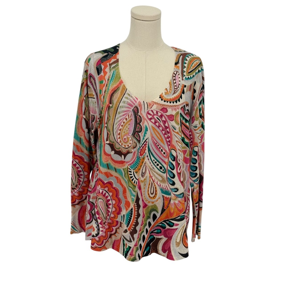 Chico's Paisley Print Long Sleeve V Neck Sweater Top Women's Size 2 L